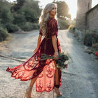Back view of burgundy maxi dress showing V-neckline and lace design