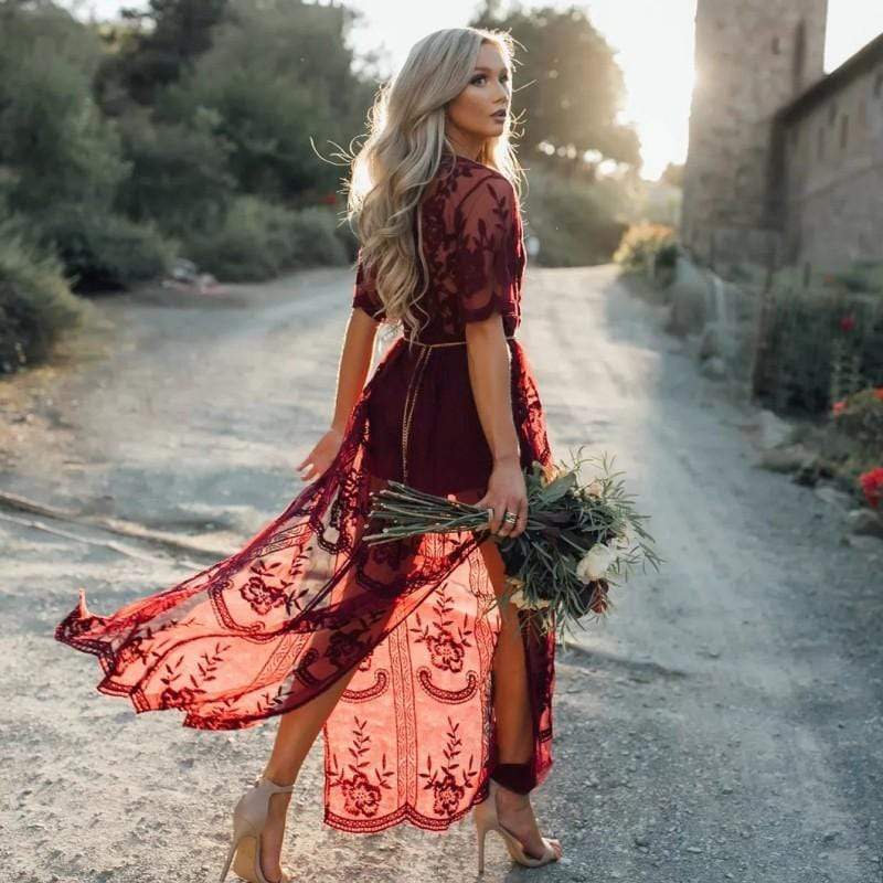 Back view of burgundy maxi dress showing V-neckline and lace design