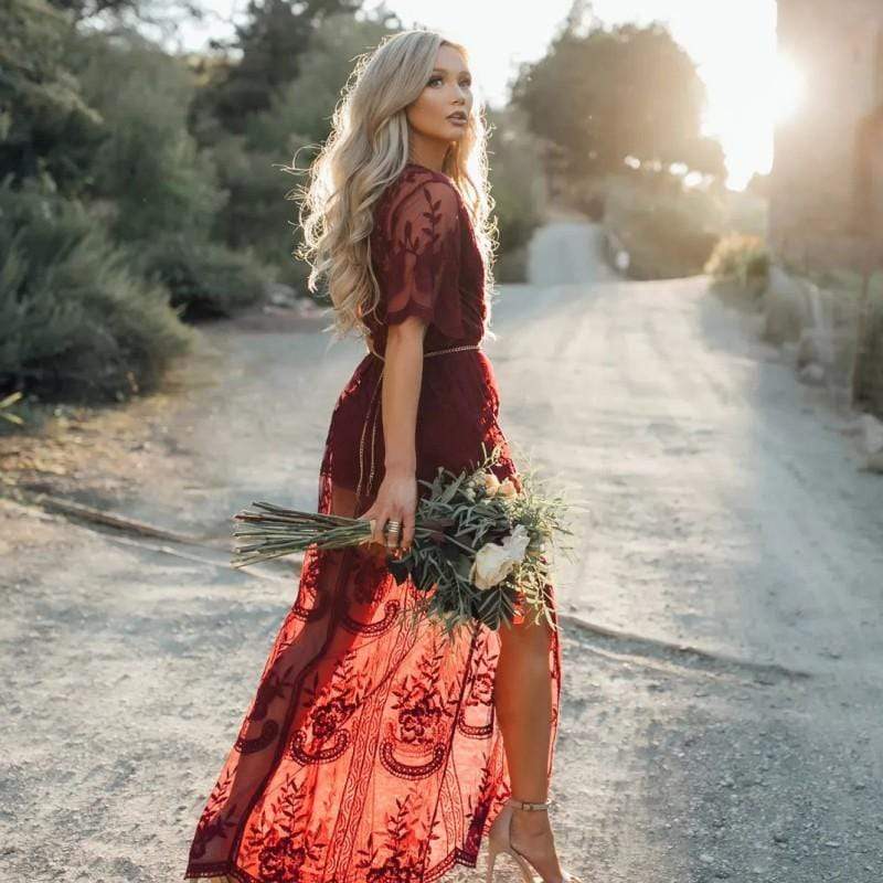 Burgundy lace maxi dress with empire waist, full-length front view