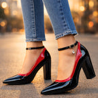 Pointed toe close-up with high-gloss patent finish