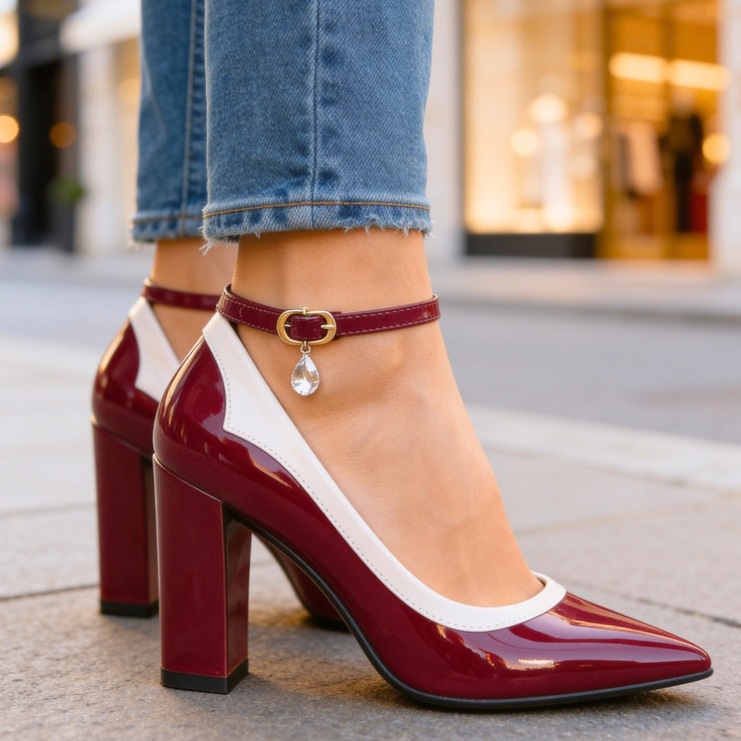 Ankle strap fastened, showing shoe fit on foot