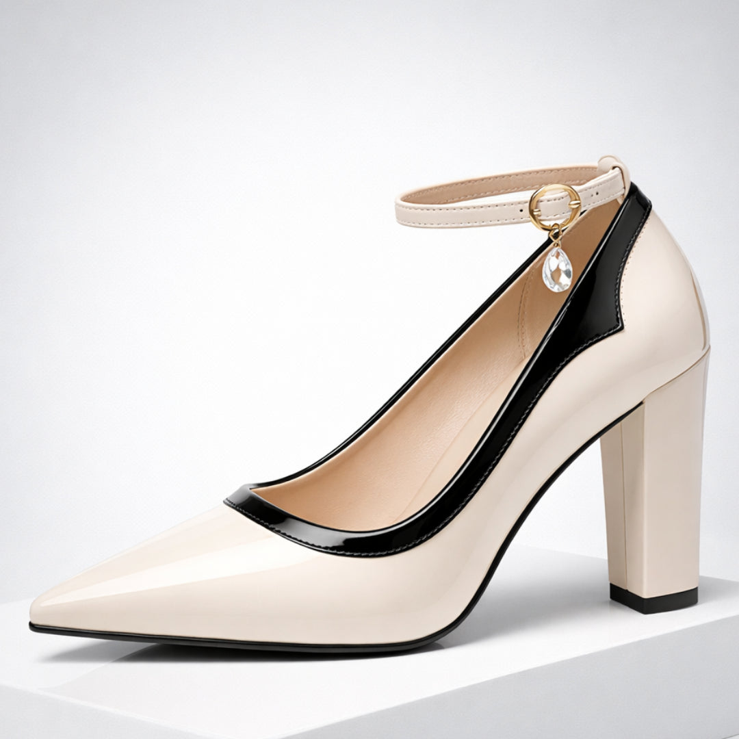 Close-up of adjustable ankle strap with crystal charm detail