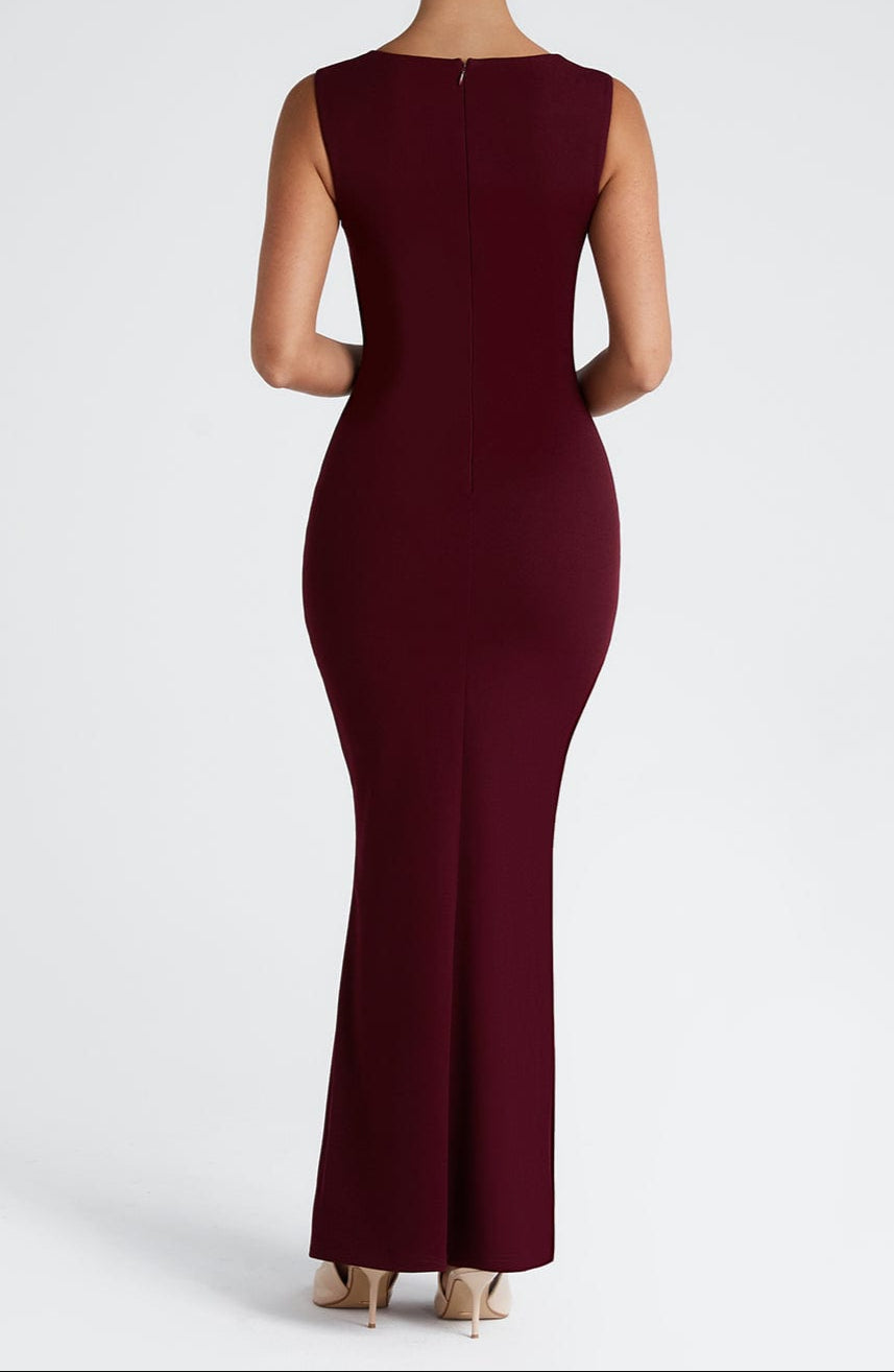 Close-up of square neckline and pleated bust detailing