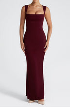 Back view of burgundy maxi dress showing sleeveless design