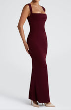 Detail of stretch crepe fabric texture and body-skimming silhouette