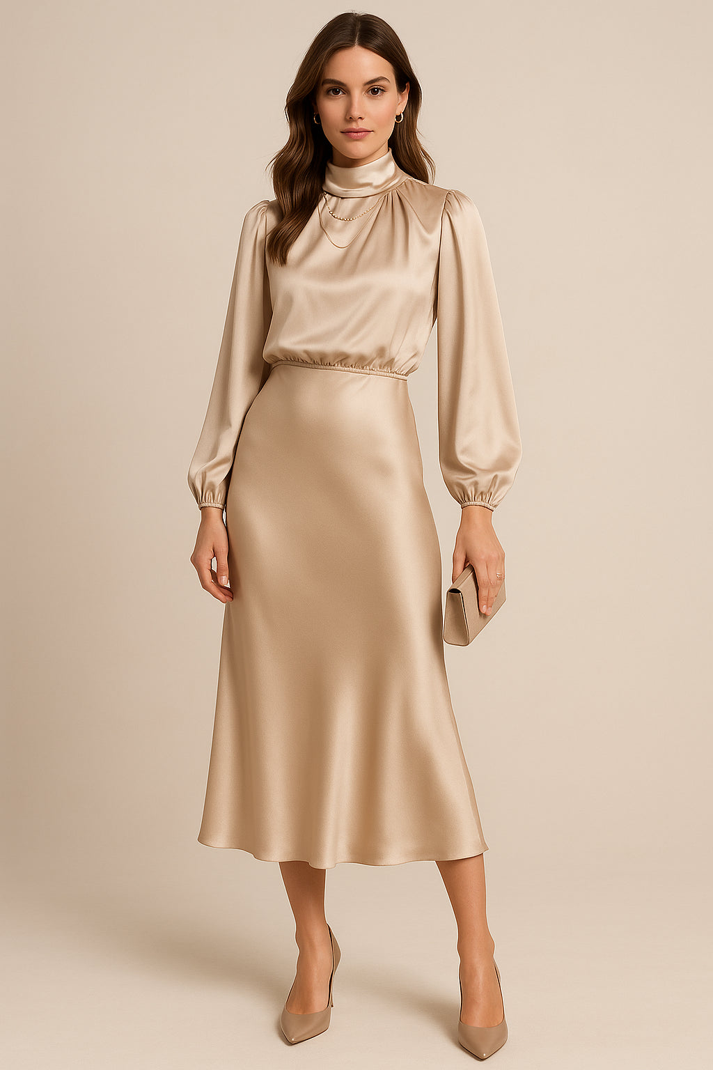 Women's Satin High Neck Blouson Sleeve Midi Dress