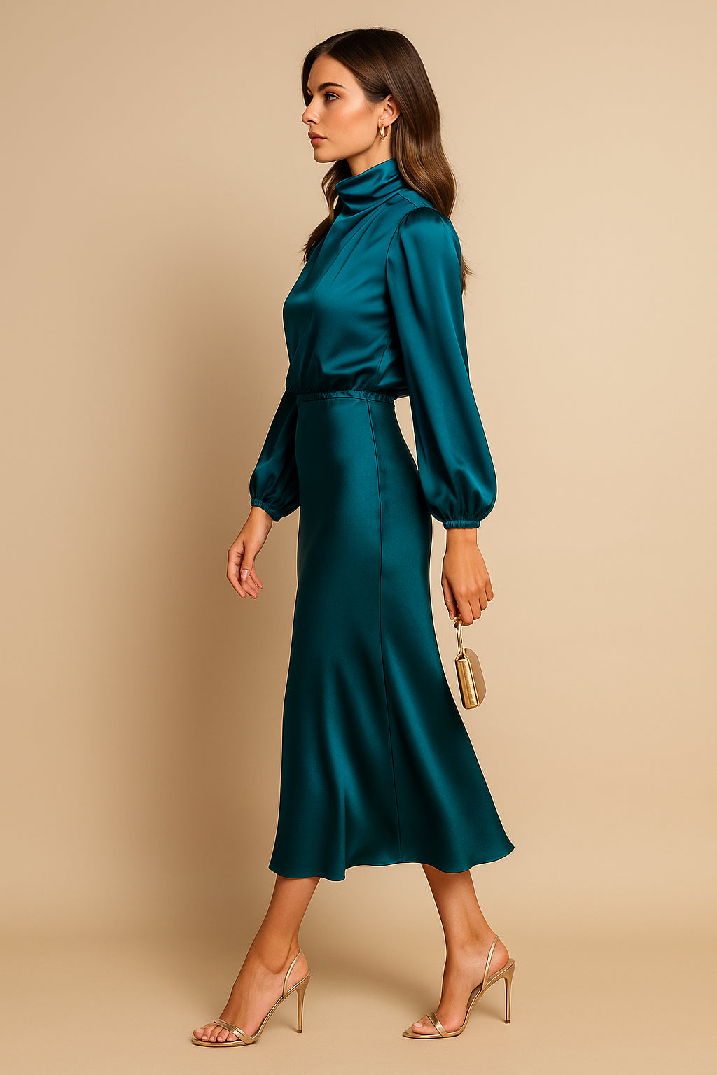 Women's Satin High Neck Blouson Sleeve Midi Dress