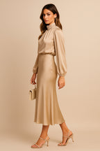 Women's Satin High Neck Blouson Sleeve Midi Dress