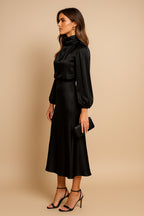 Women's Satin High Neck Blouson Sleeve Midi Dress