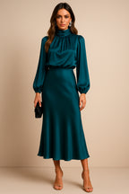 Women's Satin High Neck Blouson Sleeve Midi Dress