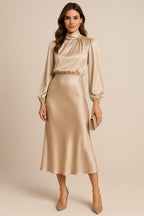 Women's Satin High Neck Blouson Sleeve Midi Dress