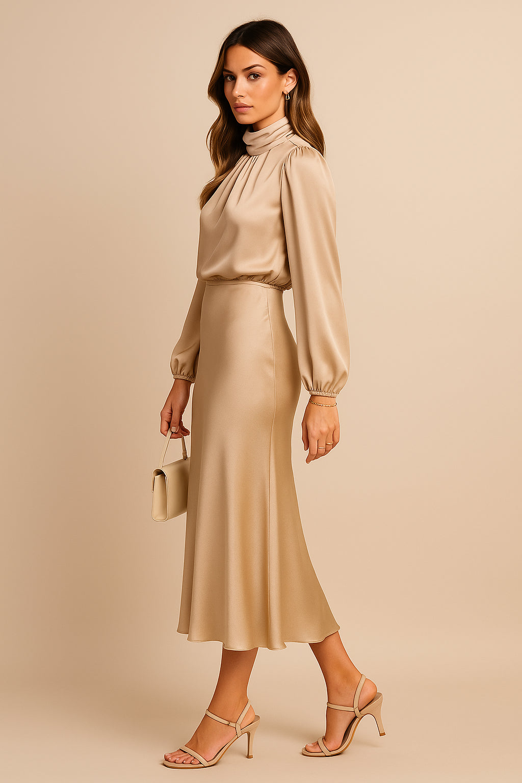 Women's Satin High Neck Blouson Sleeve Midi Dress