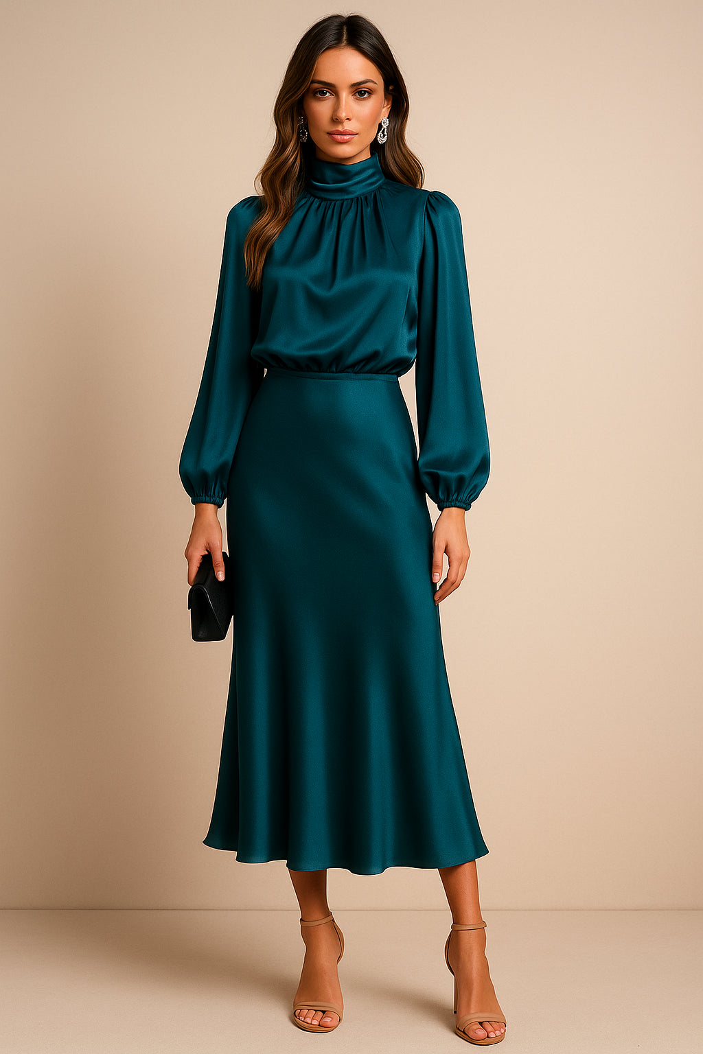 Women's Satin High Neck Blouson Sleeve Midi Dress