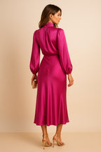 Women's Satin High Neck Blouson Sleeve Midi Dress