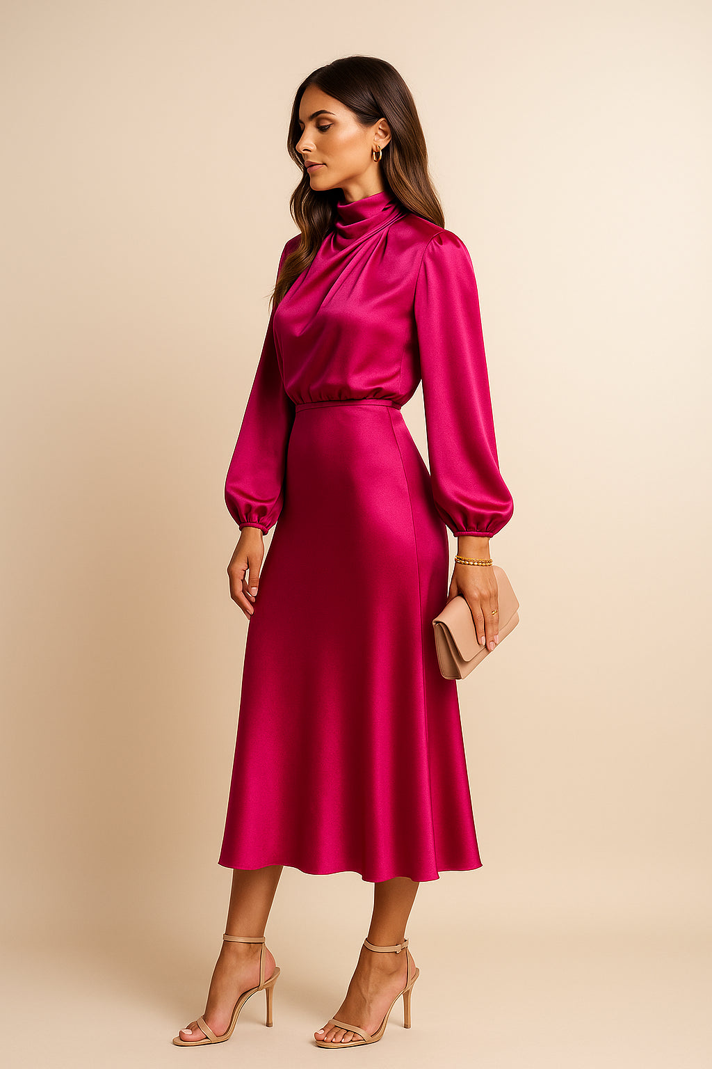 Women's Satin High Neck Blouson Sleeve Midi Dress