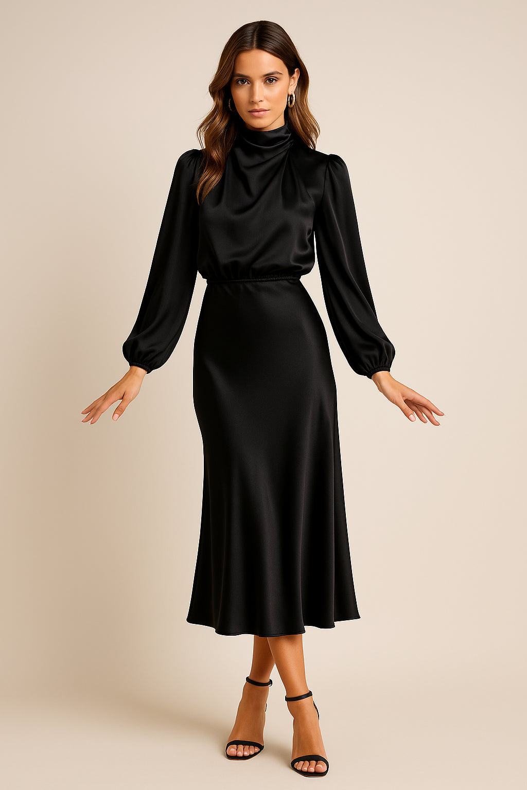 Women's Satin High Neck Blouson Sleeve Midi Dress