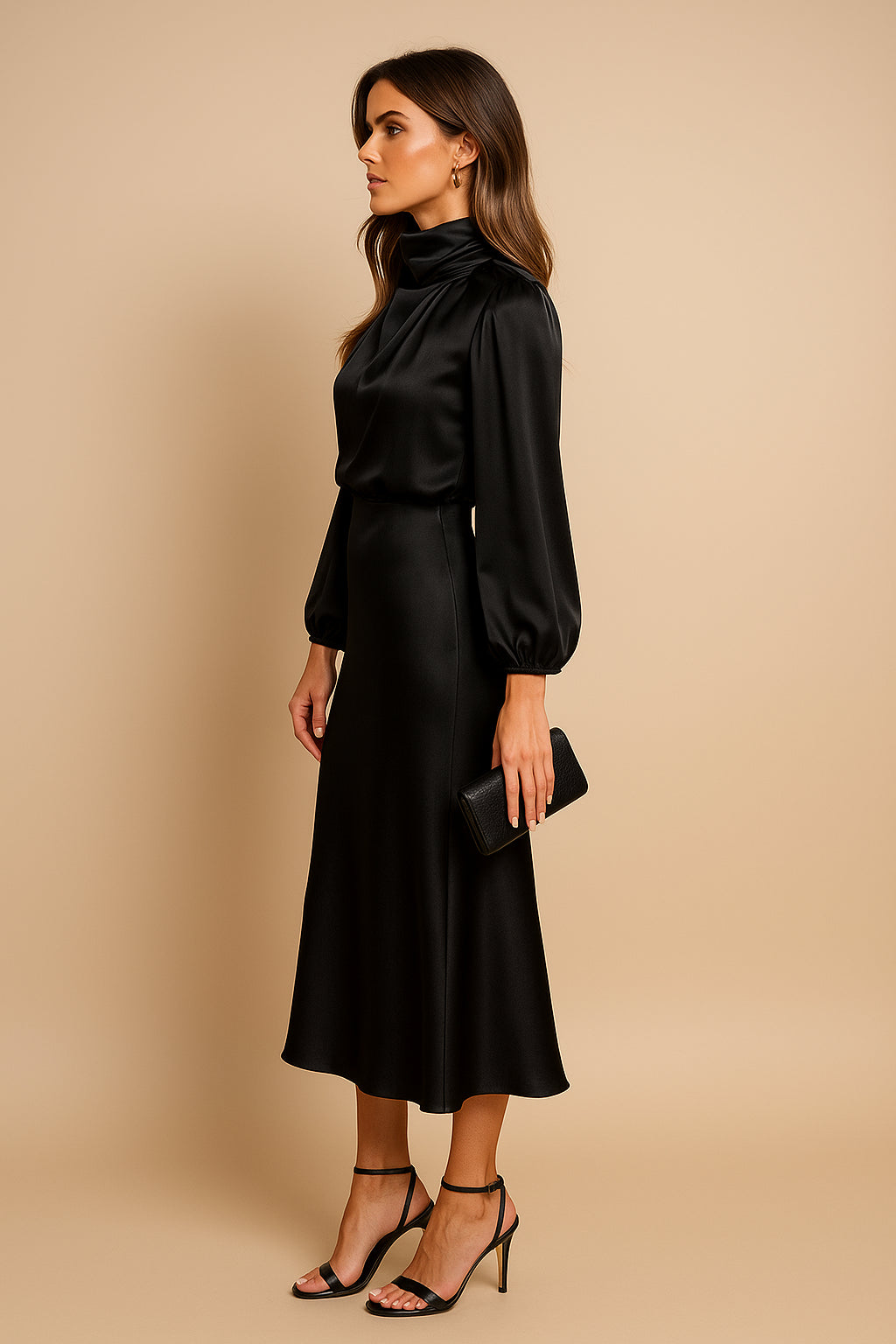Women's Satin High Neck Blouson Sleeve Midi Dress