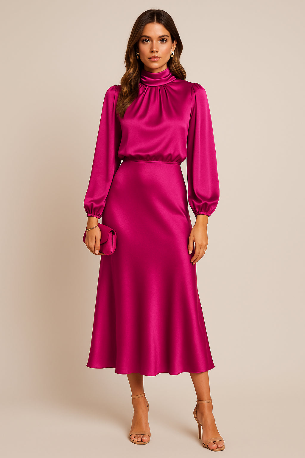 Women's Satin High Neck Blouson Sleeve Midi Dress