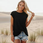 Model wearing relaxed pocket tee, standing pose