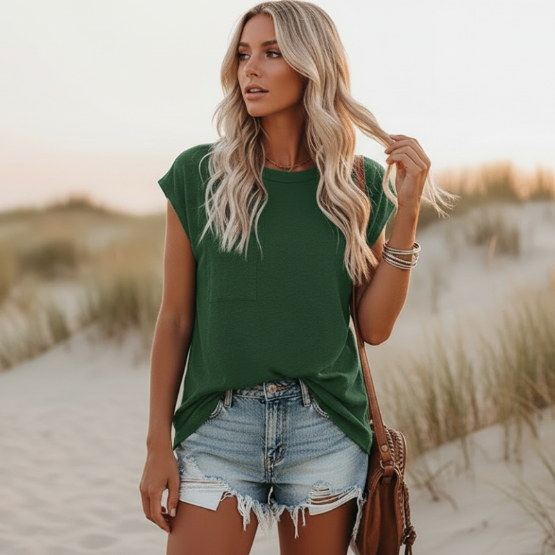 Full-length view of relaxed fit t-shirt styling
