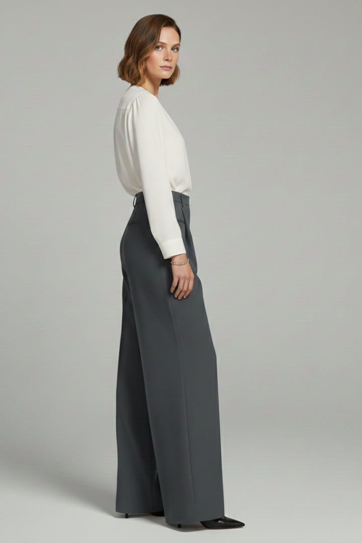 Women's Charcoal Grey Wide Leg Pleated Palazzo Trousers