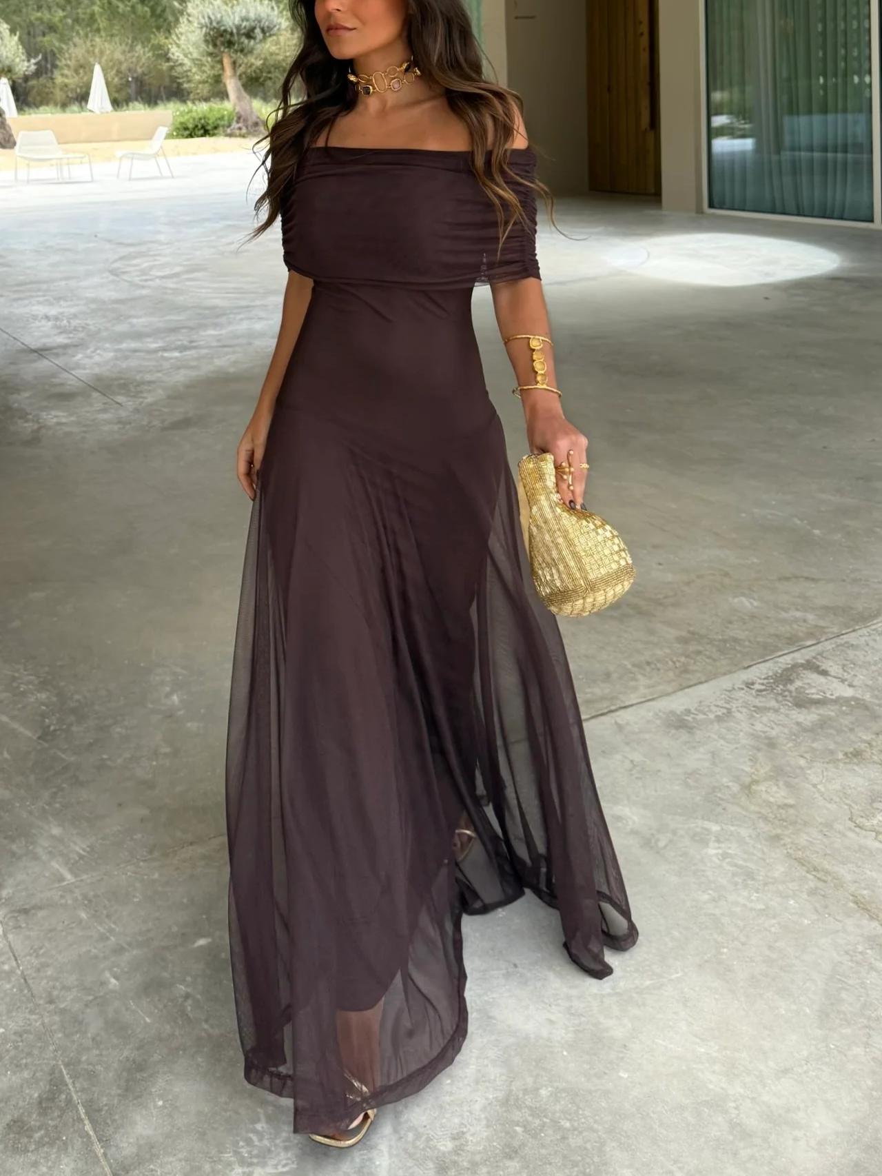 Chocolate brown chiffon off-shoulder maxi dress with fitted bodice and flowing skirt, front view