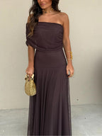 Back view of off-shoulder dress with floor-length skirt