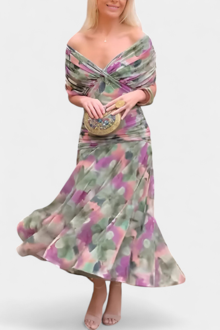 Model in dress shown from behind at three-quarter angle