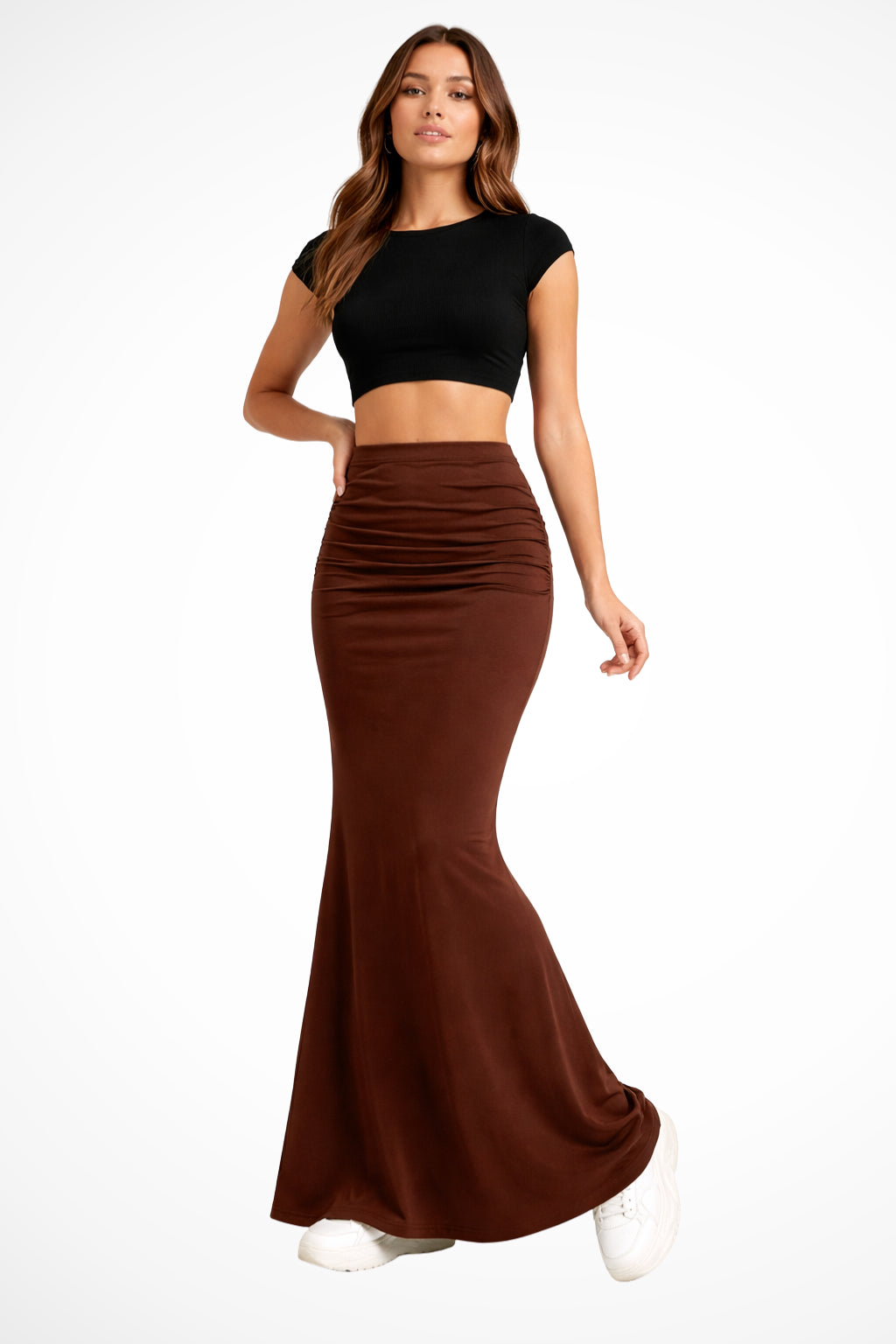 Women's ruched high waist mermaid maxi skirt, full-length front view