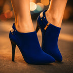Cobalt blue velvet ankle boot with diamante strap, pointed toe, side view