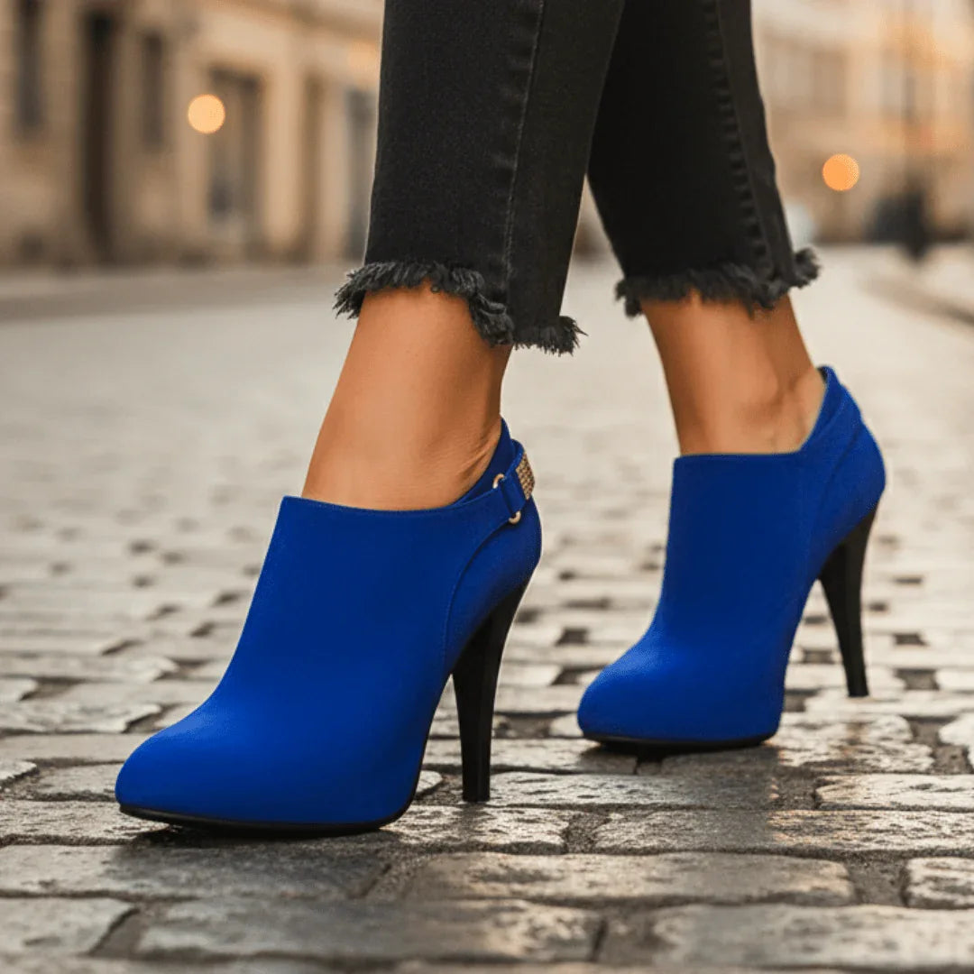 Detail of plush velvet texture and pointed toe cap