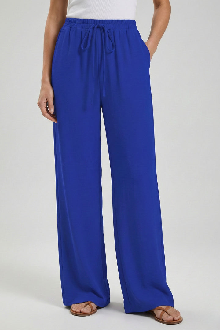Women's Cobalt Blue Wide Leg Palazzo Trousers with Drawstring