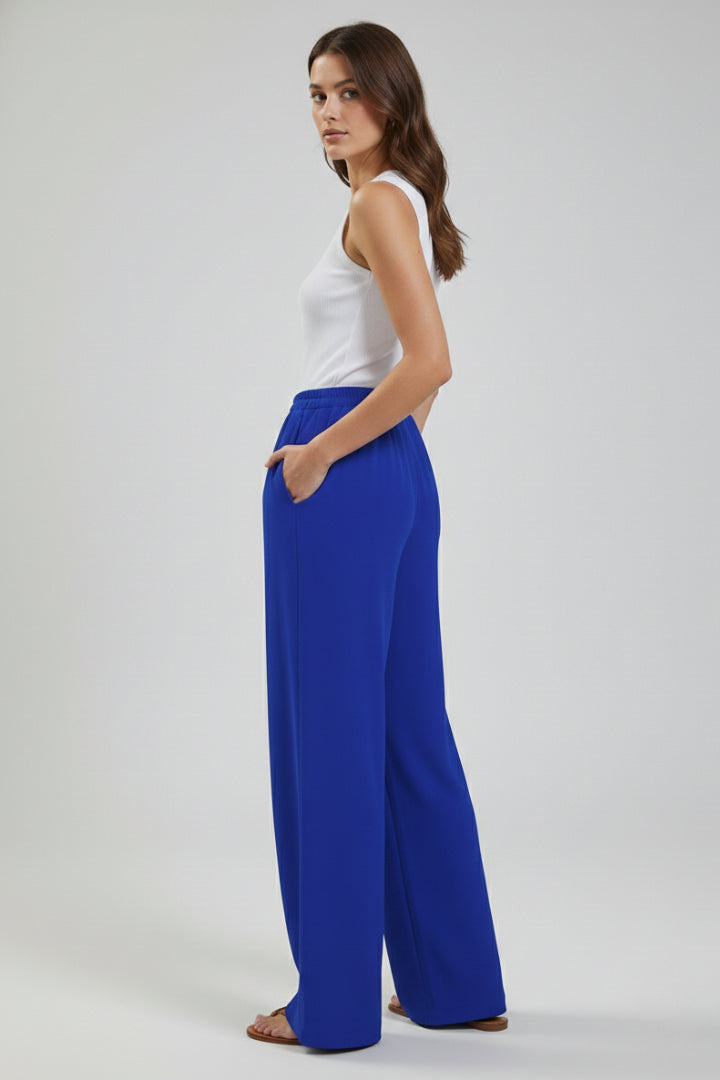 Women's Cobalt Blue Wide Leg Palazzo Trousers with Drawstring