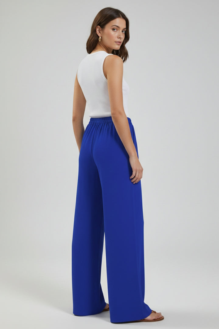 Women's Cobalt Blue Wide Leg Palazzo Trousers with Drawstring