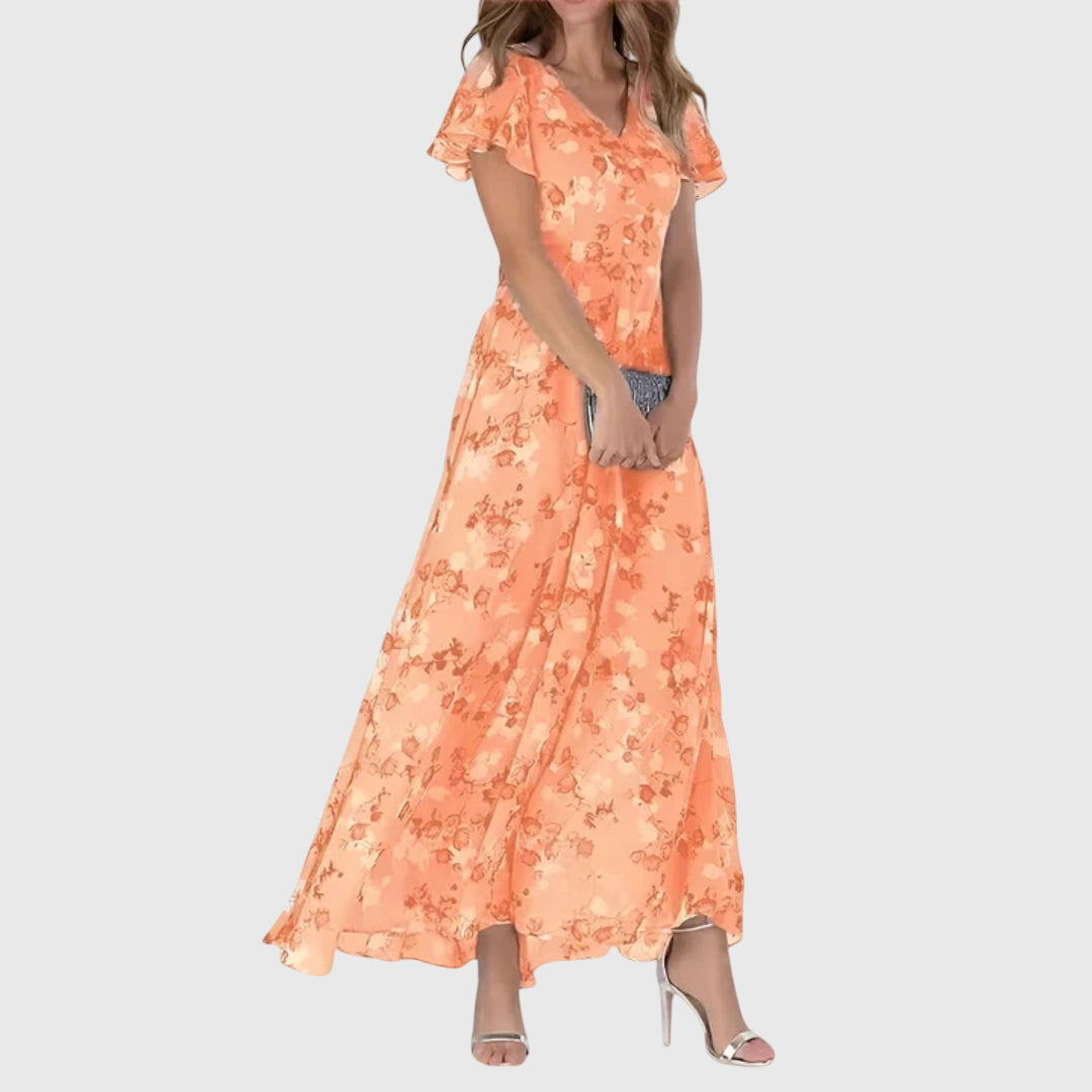 Women's coral floral maxi dress with v-neckline and flutter sleeves, front view