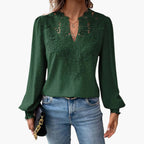 Back view of blouse showing textured dobby fabric and sleeve detail