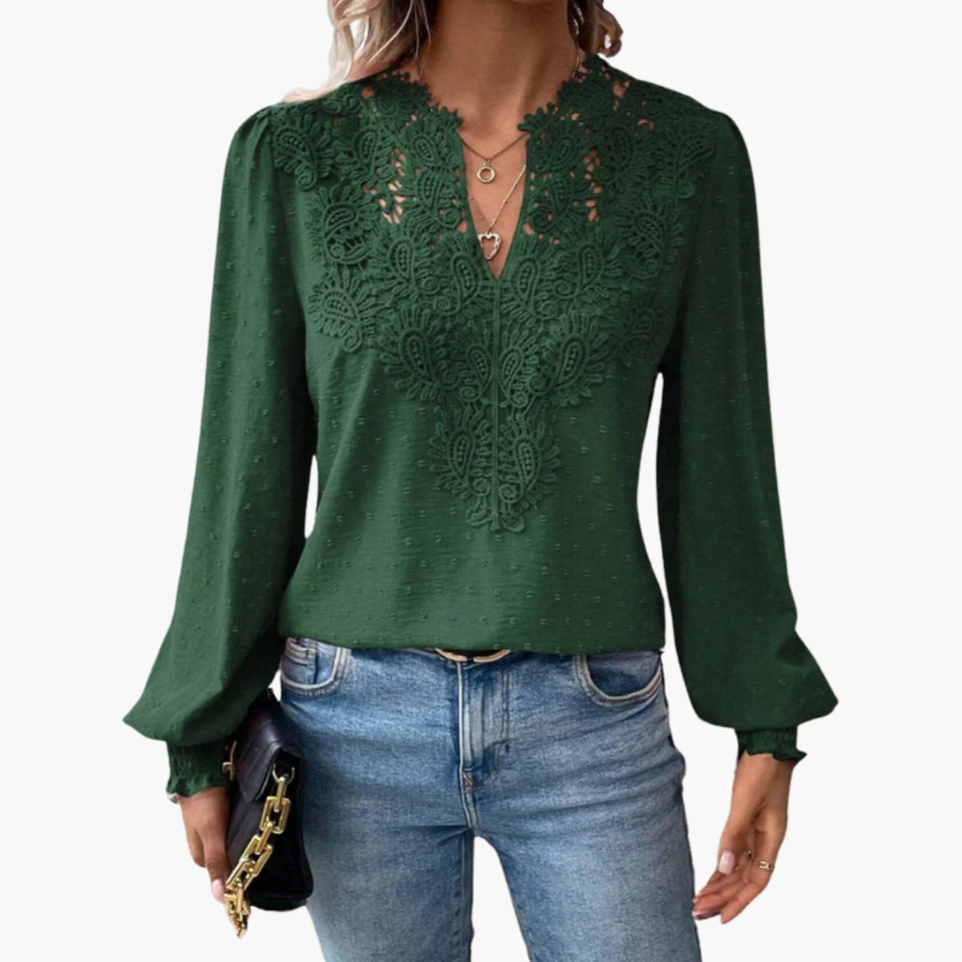 Back view of blouse showing textured dobby fabric and sleeve detail