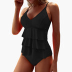 Close-up of cascading ruffle tiers and V-neckline detail