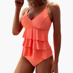 Women's tiered ruffle V-neck tankini swimsuit, front view