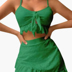 Side view of high-waisted bikini bottoms with swim skirt overlay
