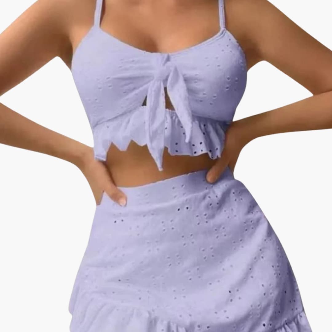 Back view of bikini top showing layered ruffle design and strap detail
