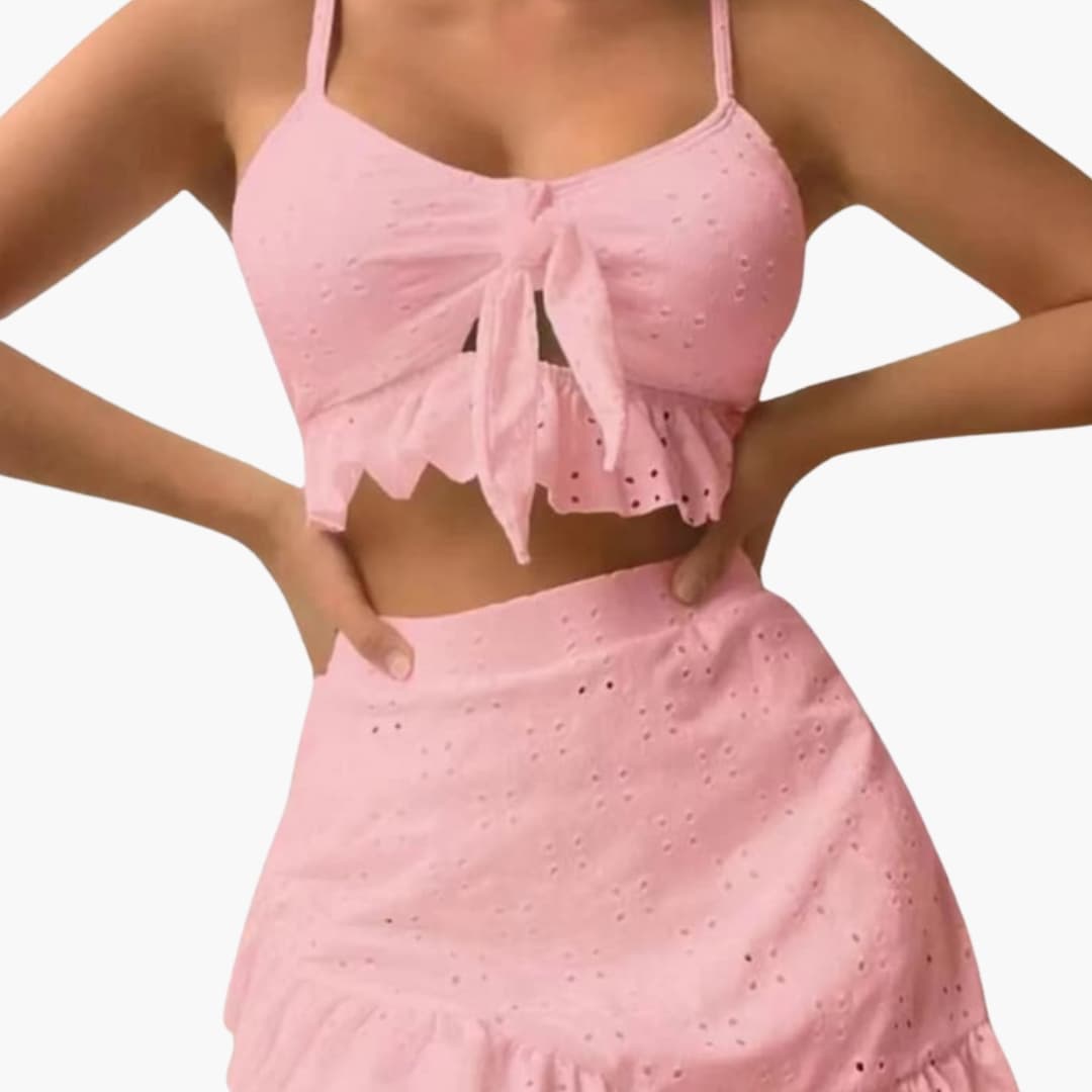 Detail shot of scoop neck ruffle neckline on bikini top
