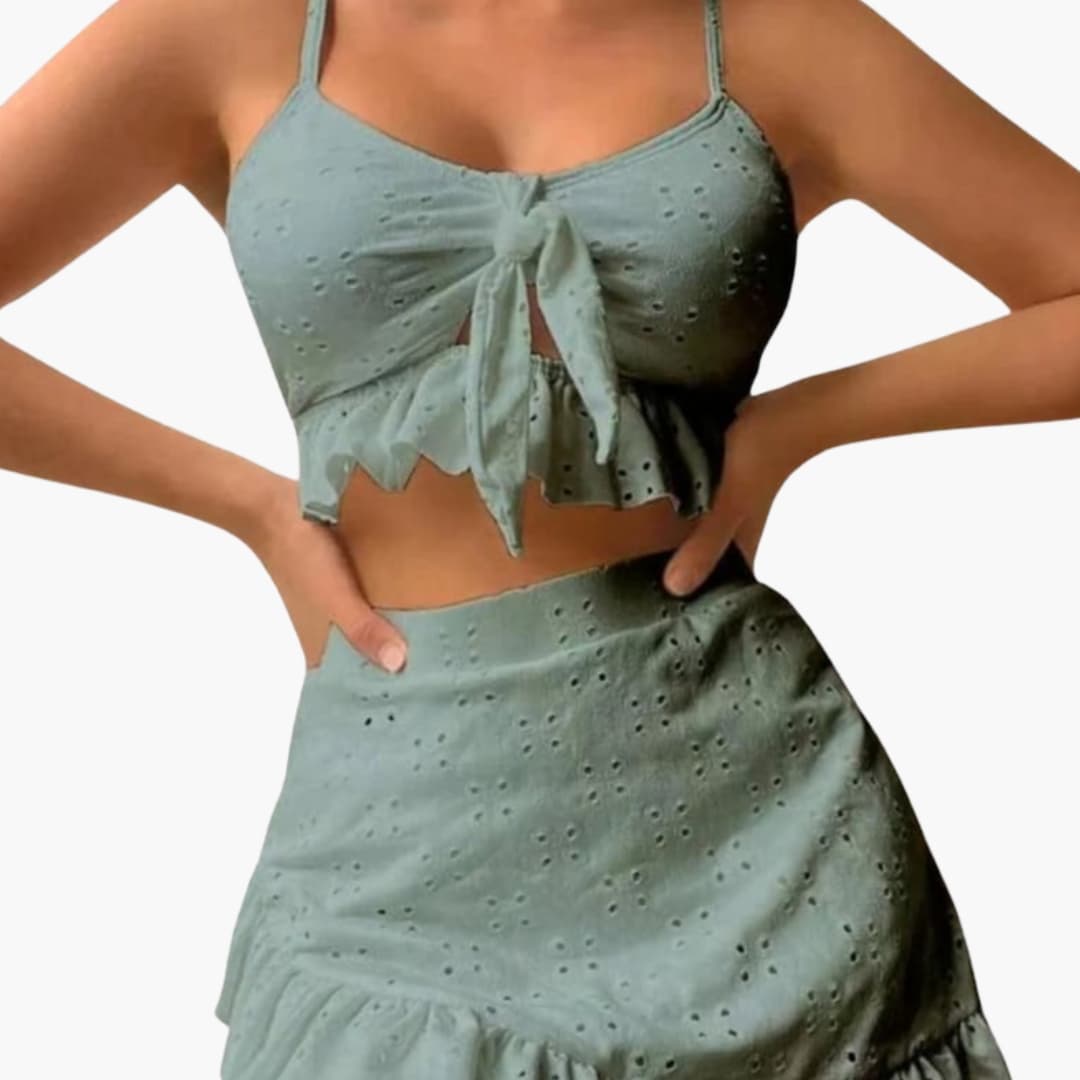 Model in swimming position displaying comfort and coverage of the set