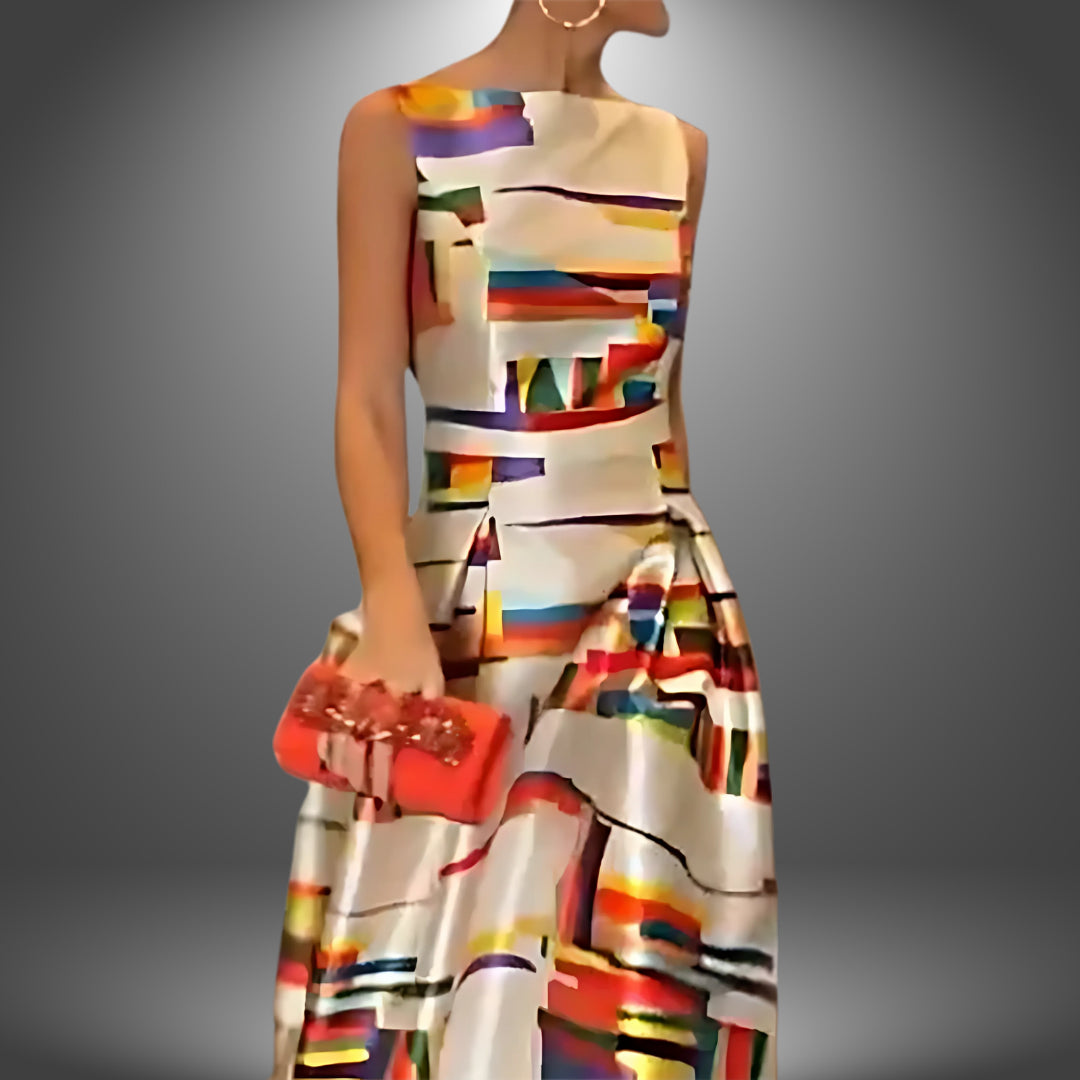 Model wearing geometric maxi dress, front pose showing fitted silhouette and print detail