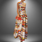 Cream maxi dress with multicoloured geometric print, sleeveless fitted bodice and full-length skirt