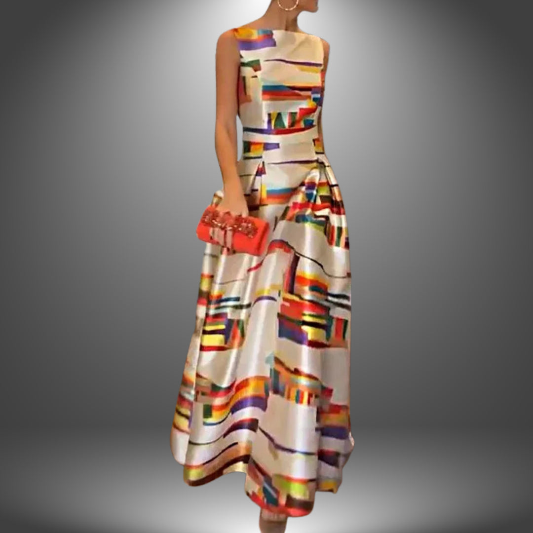 Cream maxi dress with multicoloured geometric print, sleeveless fitted bodice and full-length skirt