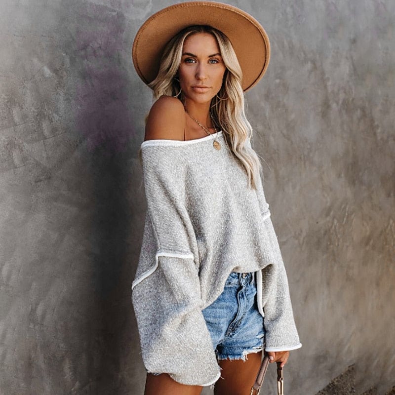 Women's oversized knit jumper with off-shoulder neckline, front view