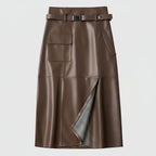 Leather skirt belt detail with buckle fastening