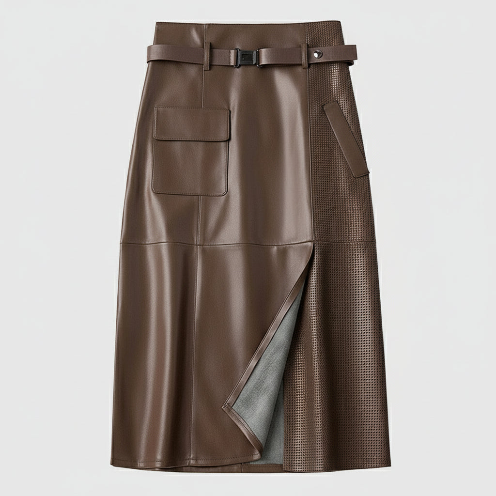 Leather skirt belt detail with buckle fastening