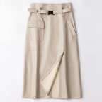Women's leather belted midi skirt, front view